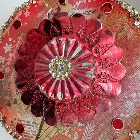 Handcrafted OOAK Red Medallion Ornament With Collage Design Floral Embellishment - Picture 10 of 10